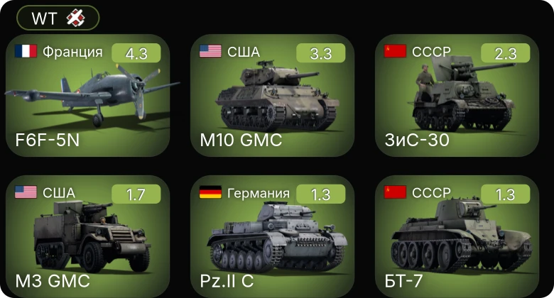 WT — F6F-5N | M10 GMC | ЗиС-30 | LVT(A)(1) | M3 GMC