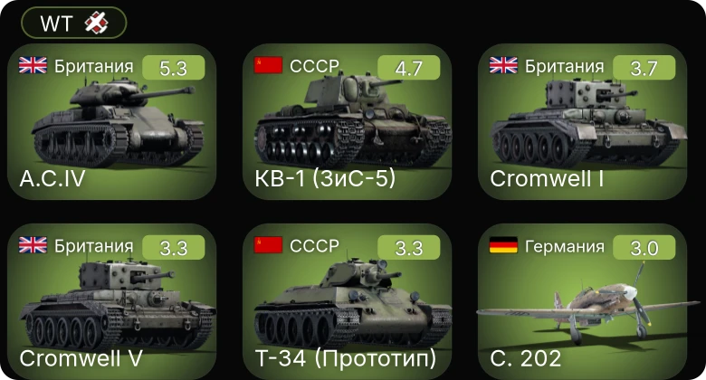 WT — КВ-1 (ЗиС-5) | A.C.IV | Bf 110 C-7 | ГАЗ-ММ (72-К) | СУ-122