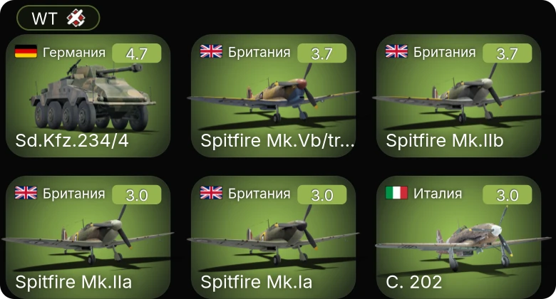 WT — Sd.Kfz.234/4 | Spitfire Mk.Vb/trop | Spitfire Mk.Ia | Spitfire Mk.IIb | Spitfire Mk.IIa