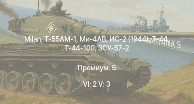WT — 6 ранг: 2шт 5 ранг: 3шт Milan | Т-55АМ-1 | Ми-4АВ | ЗСУ-57-2 | Т-44-100 | ИС-2 (1944) | Т-44 | 2С3М | ИС-2 | M53/59