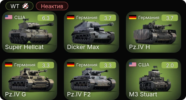 WT — Неактив | Super Hellcat | M8 HMC | P-36A Расмуссена | P-26B-35 | M3 Stuart