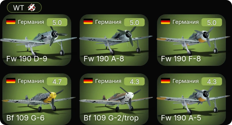 WT — Fw 190 A-5 | Bf 109 G-6 | Fw 190 F-8 | Fw 190 A-8 | Bf 109 G-2/trop