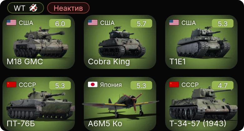 WT — Неактив | A6M5 Ко | Cobra King | M18 GMC | T1E1 | ▀Pz.Kpfw. Churchill