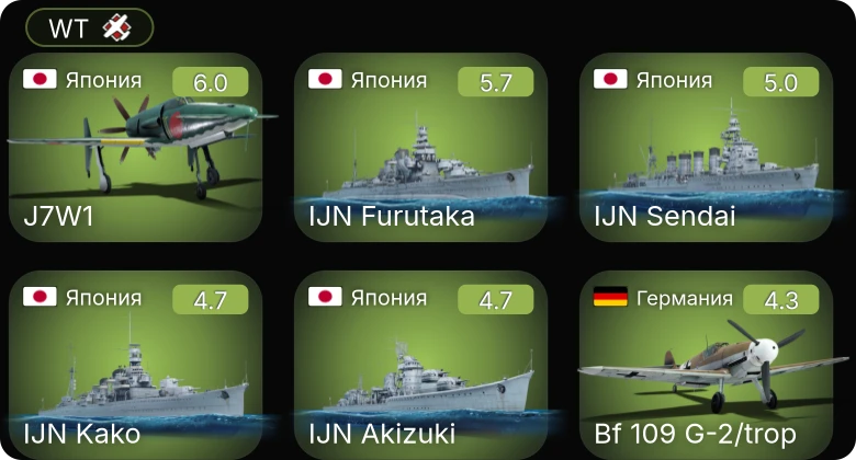 WT — Bf 109 G-2/trop | IJN Furutaka | J7W1 | Fw 190 A-4 | Bf 109 F-4
