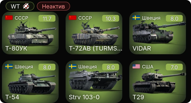 WT — Неактив | 7 ранг: 2шт 5 ранг: 3шт Т-72АВ (TURMS-T)
