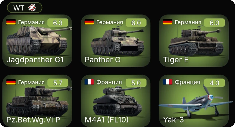 WT — Jagdpanther G1 | M4A1 (FL10) | Yak-3 | M10 GMC | F6F-5