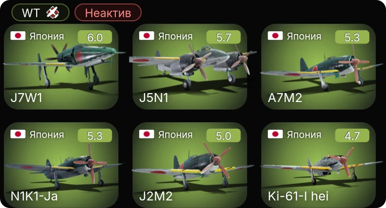 WT — Неактив | J7W1 | Ki-61-I hei | A7M2 | N1K1-Ja | J5N1