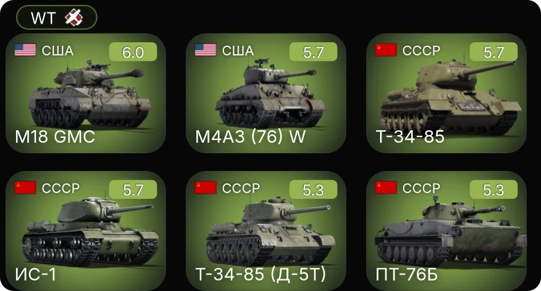 WT — M18 GMC | M4A1 (76) W | M4A3 (76) W | M19A1 | Т-34-85