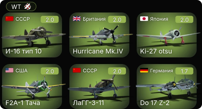 WT — ЛаГГ-3-11 | Hurricane Mk.IV | F3F-2 | P-36A | OS2U-3