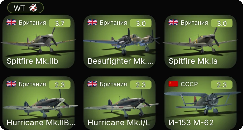 WT — Hurricane Mk.IIB/Trop | Spitfire Mk.Ia | Hurricane Mk.I/L | Spitfire Mk.IIb | Beaufighter Mk.VIc