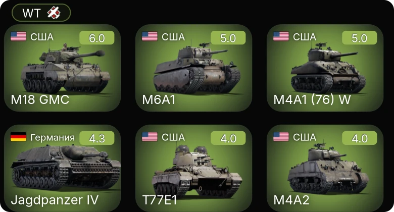WT — M4A1 (76) W | M18 GMC | M6A1 | M19A1 | 8,8 cm Flak 37 Sfl.
