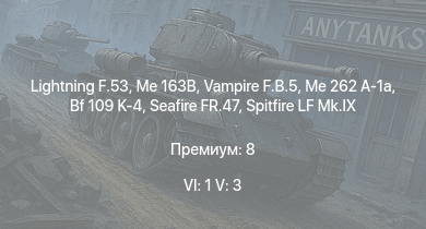 WT — 6 ранг: 1шт 5 ранг: 3шт Lightning F.53 | Vampire F.B.5 | Me 163B | Me 262 A-1a | Tempest Mk.II | Ta 152 H-1 | Tempest Mk.V | Spitfire LF Mk.IX | Seafire FR.47 | Sea Fury FB.11