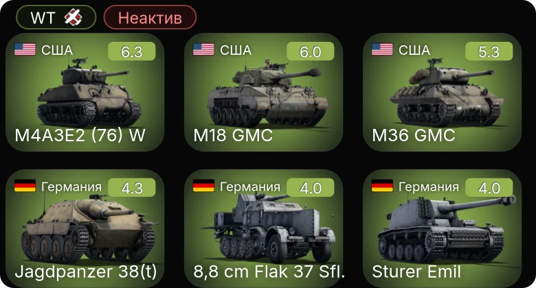WT — Неактив | M4A3E2 (76) W | M18 GMC | M36 GMC | Jagdpanzer 38(t) | 8,8 cm Flak 37 Sfl.