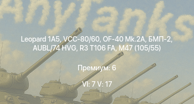 WT — 6 ранг: 7шт 5 ранг: 17шт VCC-80/60 | Leopard 1A5 | OF-40 Mk.2A | БМП-2 | Т-55А | SIDAM 25 | Ми-4АВ | БМП-1 | Объект 906 | R3 T106 FA