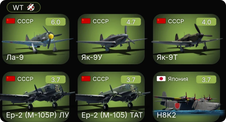 WT — Ла-9 | Ер-2 (М-105) | Ер-2 (М-105Р) ЛУ | Як-9У | Ер-2 (М-105) ТАТ