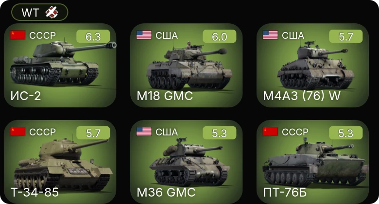 WT — ИС-2 | M18 GMC | M4A3 (76) W | M36 GMC | Т-34-85