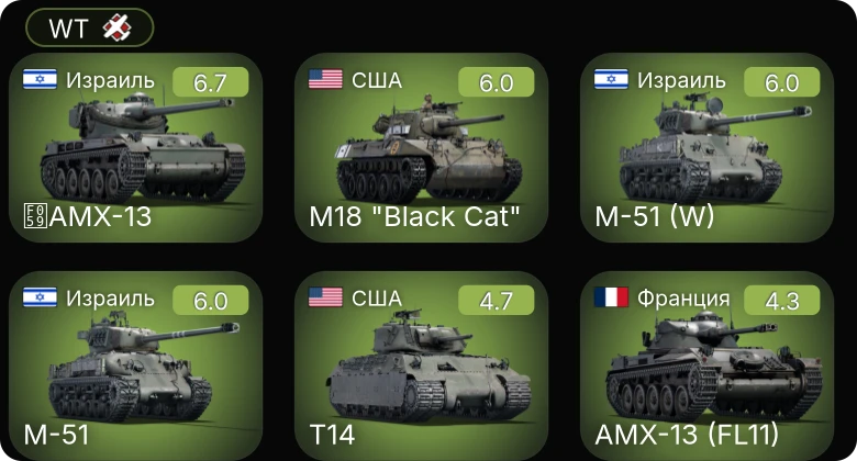 WT — M-51 | M-51 (W) | AMX-13 | M18 "Black Cat" | T14