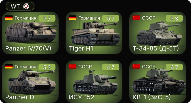 WT — 8,8 cm Flak 37 Sfl. | КВ-1 (ЗиС-5) | Т-34-85 (Д-5Т) | АСУ-57 | ИСУ-152