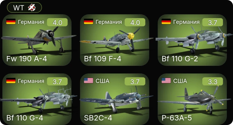 WT — P-63A-5 | Fw 190 A-4 | Bf 109 F-4 | Bf 110 G-4 | Bf 110 G-2