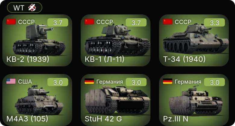 WT — M3 Lee | M4A3 (105) | КВ-2 (1939) | Т-34 (1940) | DB-7
