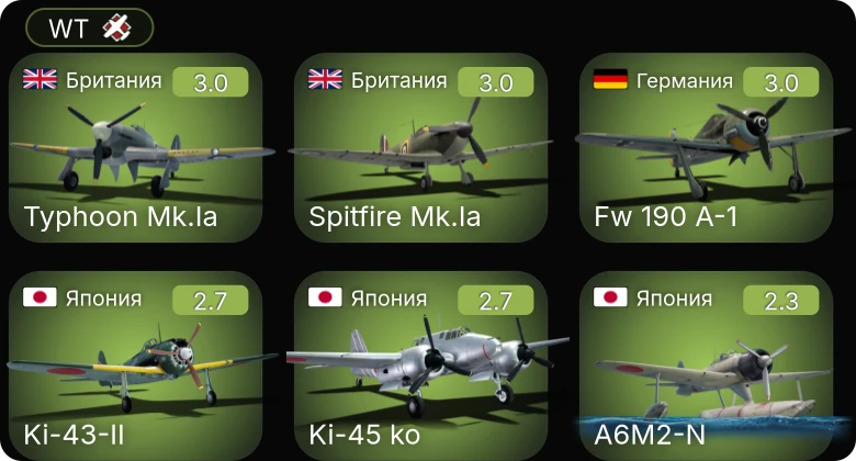 WT — F4F-3 | Fw 190 A-1 | Hurricane Mk.I/L | Hurricane Mk.IIB/Trop | Spitfire Mk.Ia
