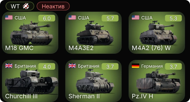 WT — Неактив | M4A2 (76) W | M18 GMC | M4A3E2 | Churchill III | M16 MGMC