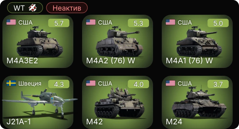 WT — Неактив | J21A-1 | M24 | M4A1 (76) W | M4A2 (76) W | M4A3E2