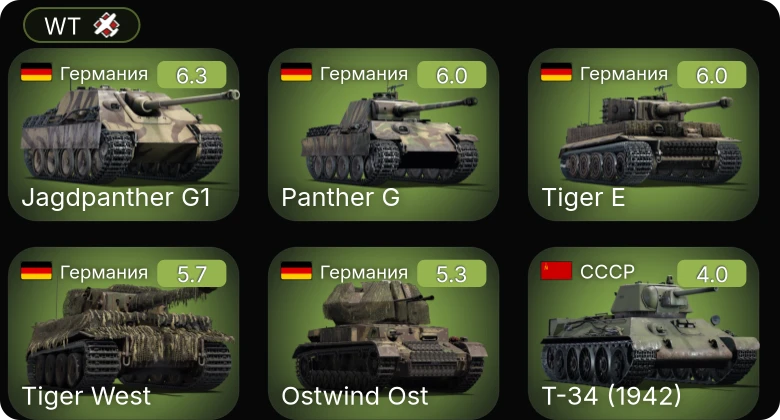 WT — Jagdpanther G1 | КВ-1С | Т-34 (1942) | СУ-57Б | ГАЗ-ММ (72-К)