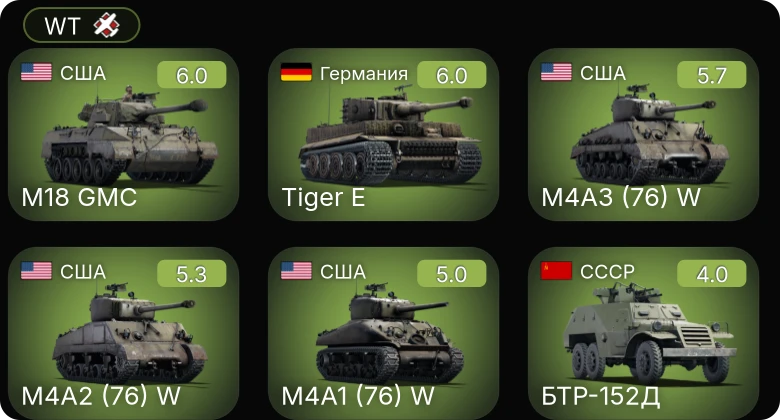 WT — M4A2 (76) W | M4A3 (76) W | M18 GMC | M19A1 | M4A1 (76) W