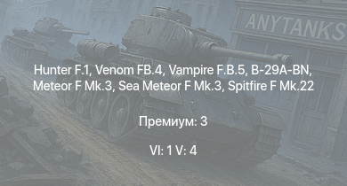 WT — 6 ранг: 1шт 5 ранг: 4шт Hunter F.1 | Venom FB.4 | Vampire F.B.5 | Meteor F Mk.3 | Sea Meteor F Mk.3 | B-29A-BN | Spitfire F Mk.22 | Spitfire F Mk.24 | Tempest Mk.II | Lincoln B.Mk.II