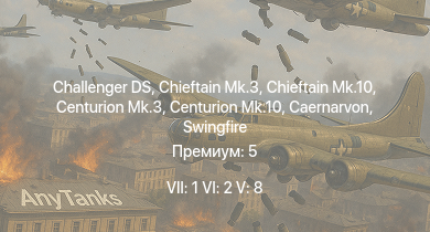 WT — 7 ранг: 1шт 6 ранг: 2шт 5 ранг: 8шт Challenger DS | Chieftain Mk.10 | Chieftain Mk.3 | Falcon | Swingfire | Centurion Mk.10 | Eland 90 Mk.7 | Centurion Mk.3 | Caernarvon | Fox