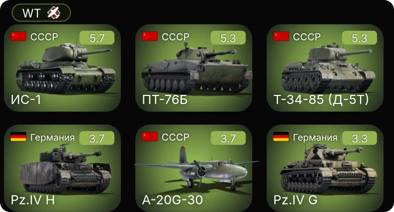 WT — ПТ-76Б | A-20G-30 | ИС-1 | Т-34-85 (Д-5Т) | Typhoon Mk.Ia