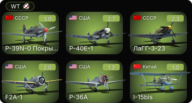 WT — P-39N-0 Покрышкина | P-40E-1 | ЛаГГ-3-23 | P-26A-33 | P-26B-35