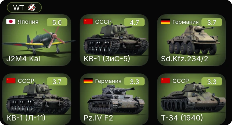 WT — J2M4 Kai | КВ-1 (ЗиС-5) | Bf 110 C-7 | Sd.Kfz.234/2 | Т-34 (1940)