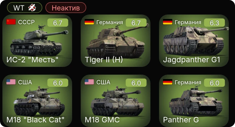 WT — Неактив | Jagdpanther G1 | ИС-2 "Месть" | M18 "Black Cat" | M6A1 | M18 GMC
