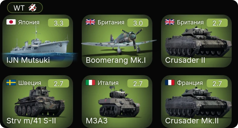 WT — Bf 109 E-1 | Crusader II | SARC MkVI (2pdr) | Boomerang Mk.I | ␗Chi-Ha Kai