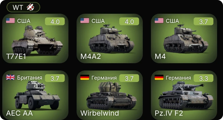 WT — M4 | P-36G | T77E1 | M10 GMC | M4A2