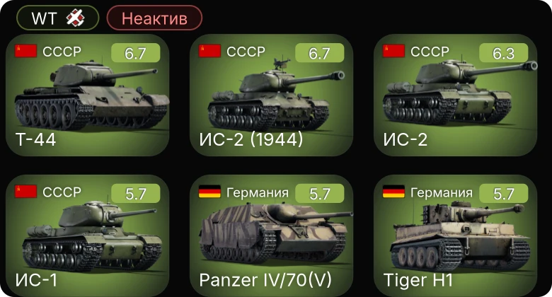 WT — Неактив | Т-44 | ИС-2 | ИС-2 (1944) | M6A1 | M24