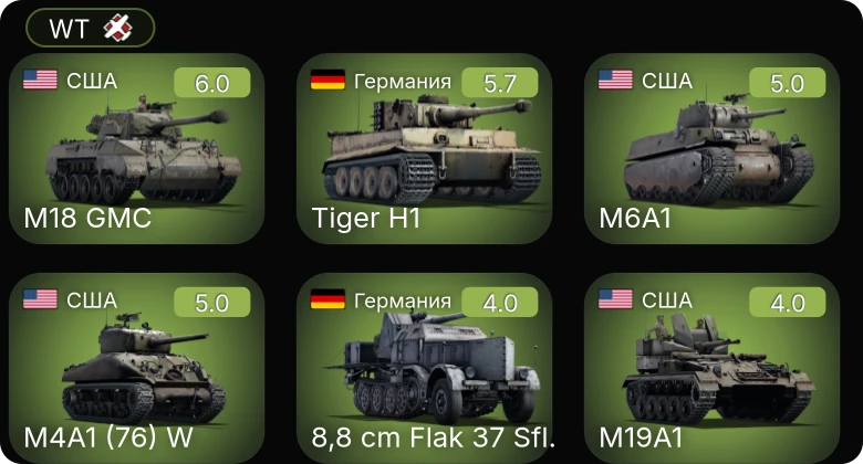 WT — M4A1 (76) W | M18 GMC | M6A1 | M19A1 | 8,8 cm Flak 37 Sfl.