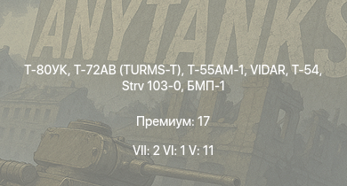 WT — 7 ранг: 2шт 6 ранг: 1шт 5 ранг: 11шт Т-80УК | Т-72АВ (TURMS-T) | Т-55АМ-1 | БМП-1 | VIDAR | Strv 103-0 | Т-54 | ЗСУ-37-2 | ИС-3 | БТР-80А