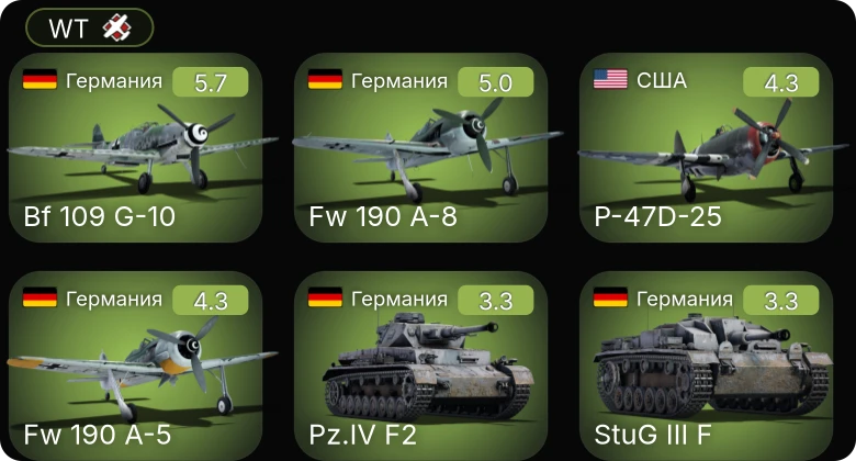 WT — Fw 190 A-5 | Fw 190 A-8 | Bf 109 G-10 | P-47D-25 | P-39N-0