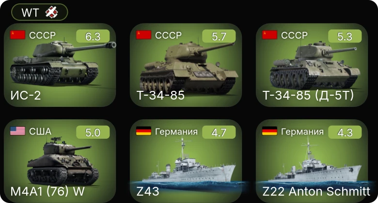 WT — ИС-2 | M4A1 (76) W | Т-34-85 | Т-34-85 (Д-5Т) | M4