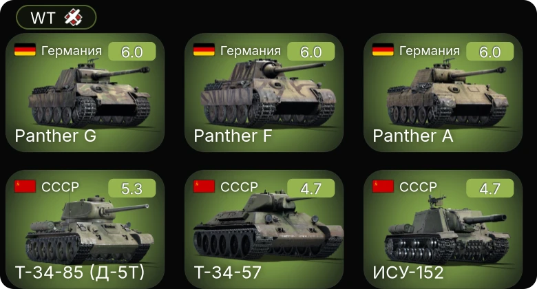 WT — Bf 109 G-2/trop | СУ-85 | Т-34-85 (Д-5Т) | ИСУ-152 | Т-34-57