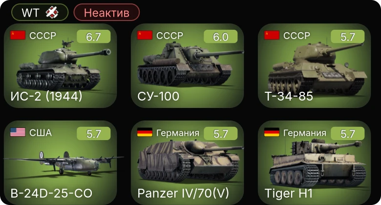 WT — Неактив | B-24D-25-CO | B-17G-60-VE | Fw 190 A-5 | Ер-2 (АЧ-30Б) (р) | СУ-100