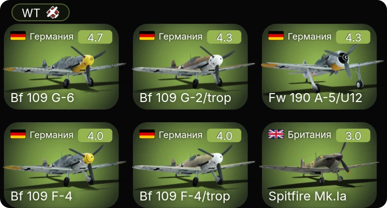 WT — Bf 109 G-6 | Fw 190 A-5/U12 | Bf 109 G-2/trop | Bf 109 F-4 | Bf 109 F-4/trop