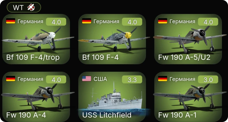 WT — Fw 190 A-4 | Bf 109 F-4/trop | Bf 109 F-4 | Fw 190 A-5/U2 | Pvkv IV