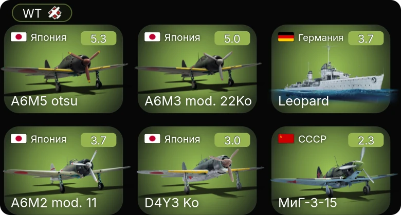 WT — A6M5 otsu | A6M3 mod. 22Ko | A6M2 mod. 11 | D4Y3 Ko | BF2C-1