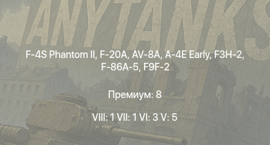 WT — 8 ранг: 1шт 7 ранг: 1шт 6 ранг: 3шт F-20A | F-4S Phantom II | AV-8A | F3H-2 | A-4E Early | F-86A-5 | F9F-2 | F2H-2 | F-80A-5 | F-84B-26