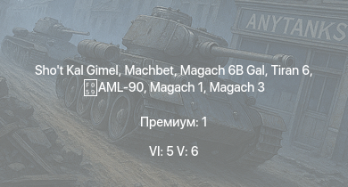 WT — 6 ранг: 5шт 5 ранг: 6шт Magach 6B Gal | Machbet | Shot Kal Gimel | Tiran 6 | Tzefa A | Tiran 4 | Shot Kal Alef | Magach 3 | Tiran 4S | ZSU-23-4V