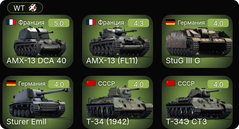 WT — AMX-13 (FL11) | ARL-44 (ACL-1) | M4A4 | AMX-13 DCA 40 | M3 Lee